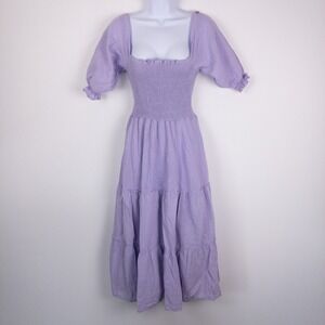 Peixoto‎ Anthropologie Tiered Smocked Midi Dress Womens XS Purple Lined Cotton
